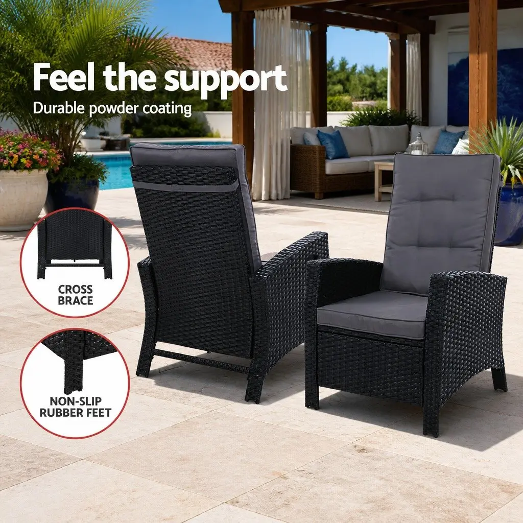 Recliner Chair Sun Lounge Wicker Lounger Outdoor Furniture Adjustable Black 2PC
