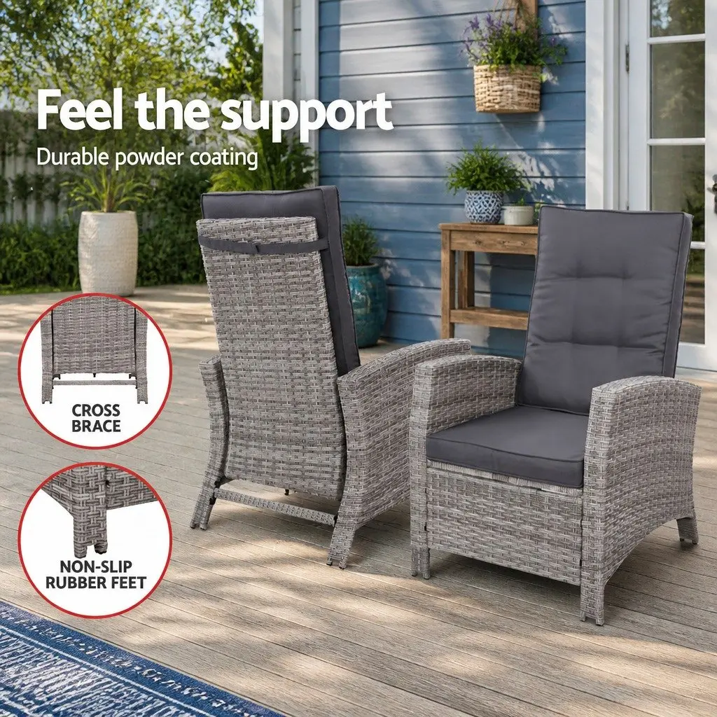 Recliner Chairs Adjustable Backrest 2PC Wicker Lounger Outdoor Furniture
