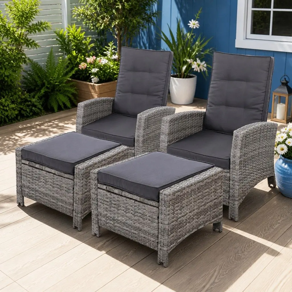 Recliner Chairs Adjustable Backrest 2PC Wicker Lounger Outdoor Furniture