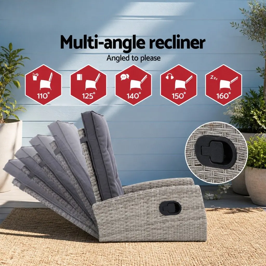 Outdoor Recliner Chair Wicker Lounger with Ottoman Adjustable Backrest Grey