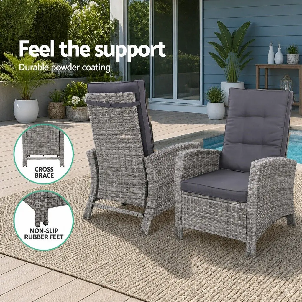 Outdoor Recliner Chair Wicker Lounger with Ottoman Adjustable Backrest Grey