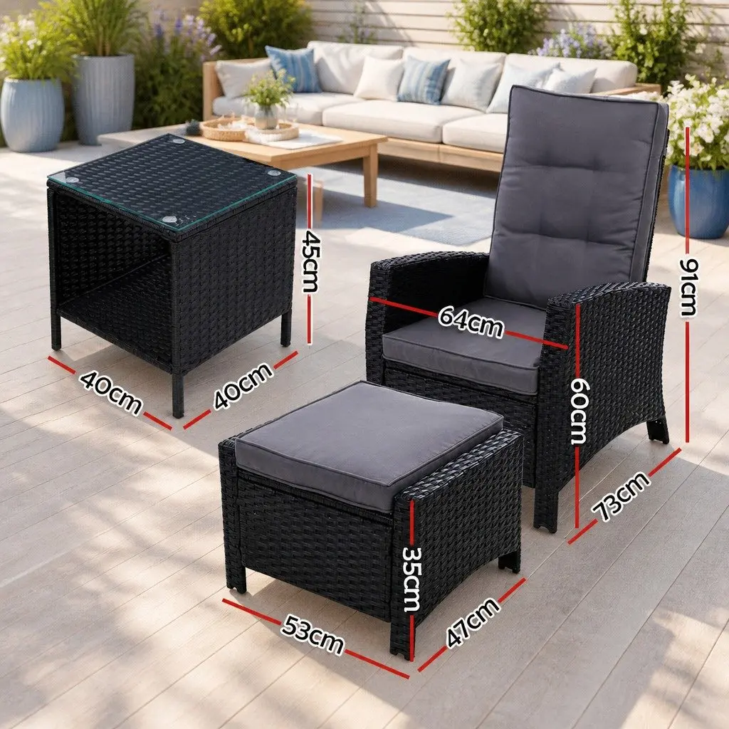 3 Piece Outdoor Wicker Recliner Set Adjustable Black