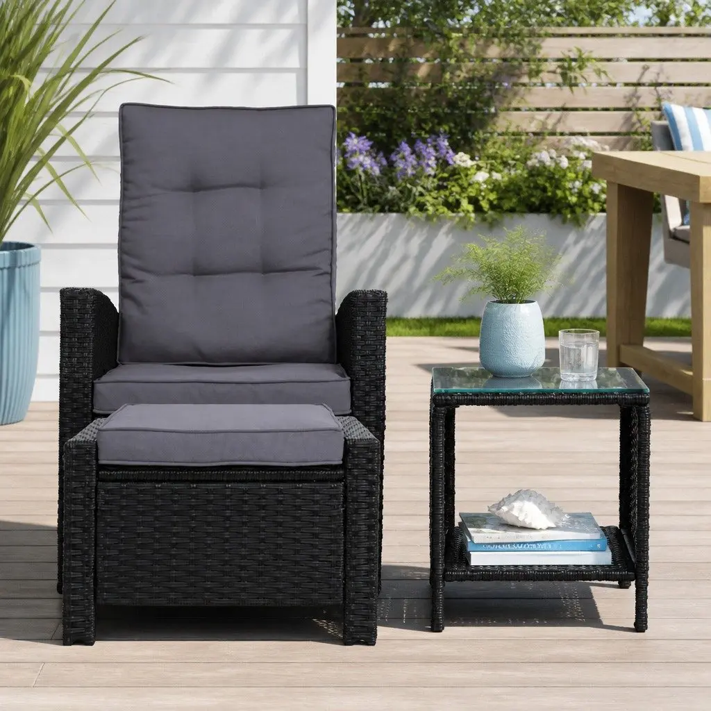 3 Piece Outdoor Wicker Recliner Set Adjustable Black