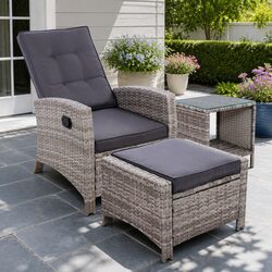 3PC Outdoor Recliner Chair Set Grey Wicker Ottoman Side Table Adjustable Lounge