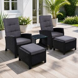 5PC Outdoor Recliner Chair Setting Wicker Lounge Furniture Ottoman Table Black