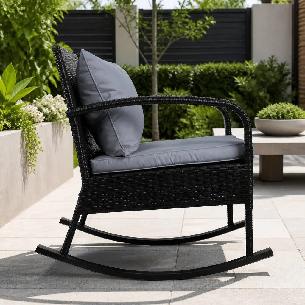 Wicker Rocking Chair Outdoor Lounge Seating Black with Cushions 79cm x 58cm x 78cm