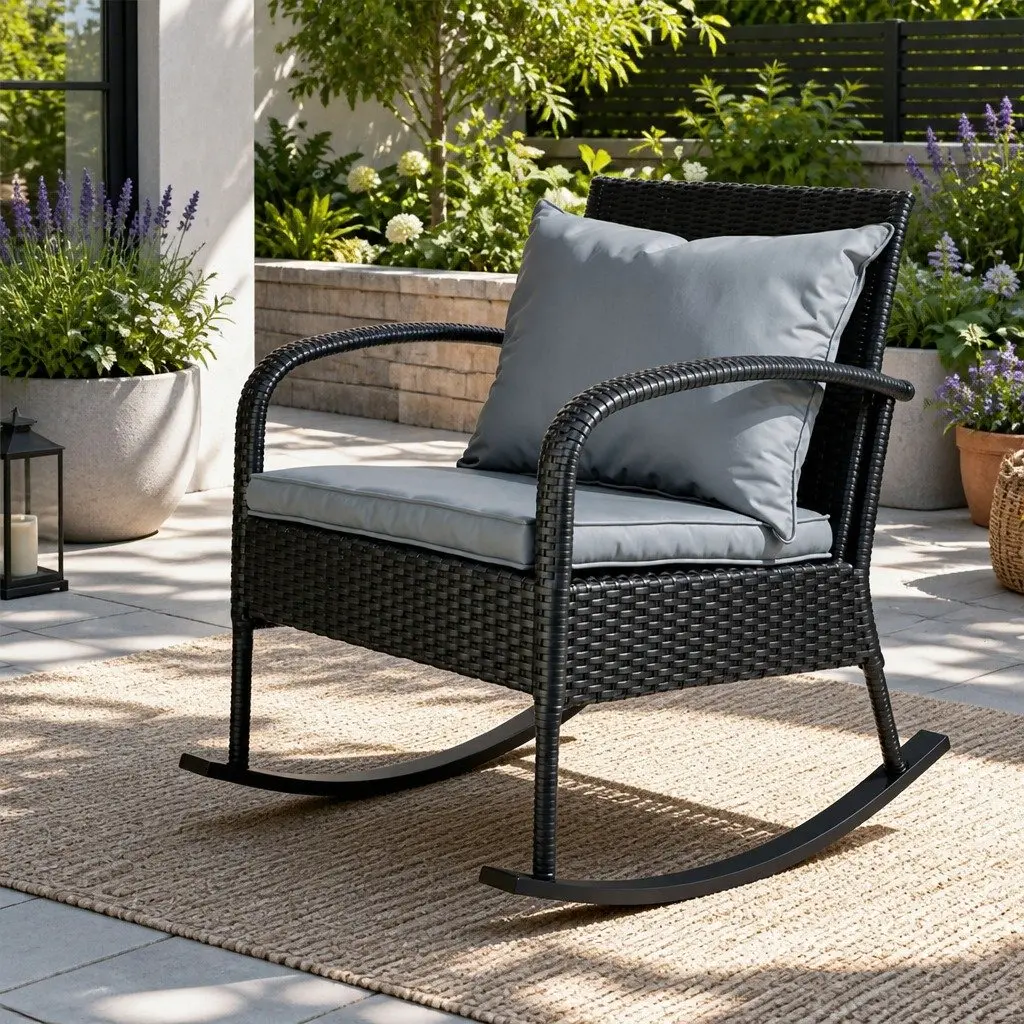 Wicker Rocking Chair Outdoor Lounge Seating Black with Cushions 79cm x 58cm x 78cm