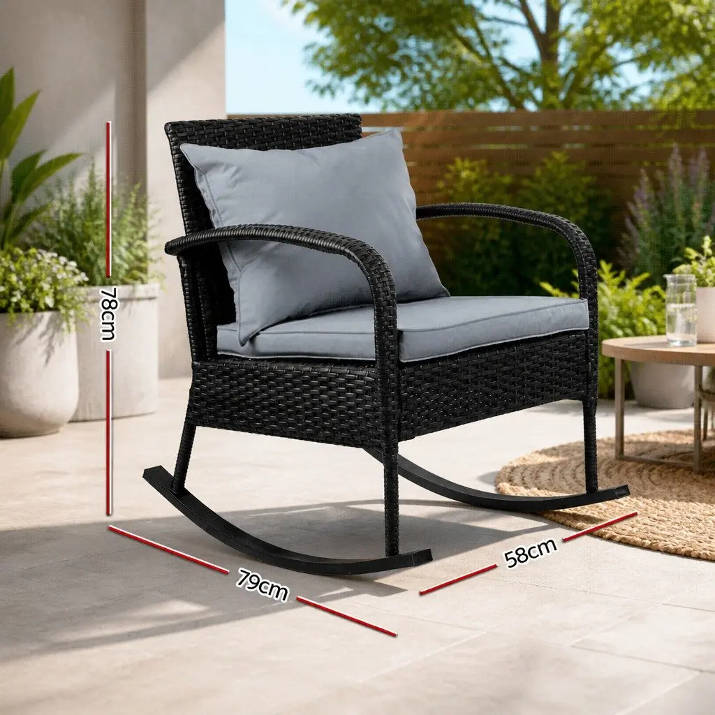 Wicker Rocking Chair Outdoor Lounge Seating Black with Cushions 79cm x 58cm x 78cm