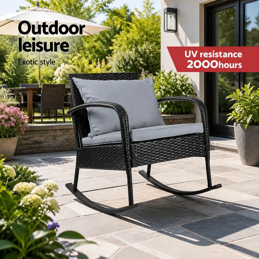 Wicker Rocking Chair Outdoor Lounge Seating Black with Cushions 79cm x 58cm x 78cm