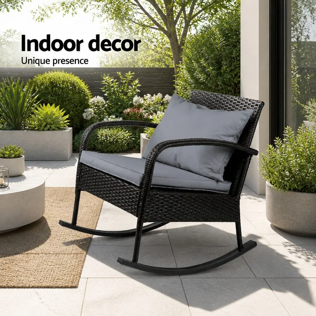 Wicker Rocking Chair Outdoor Lounge Seating Black with Cushions 79cm x 58cm x 78cm