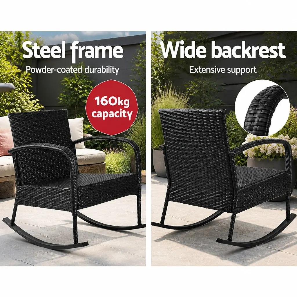 Wicker Rocking Chair Outdoor Lounge Seating Black with Cushions 79cm x 58cm x 78cm