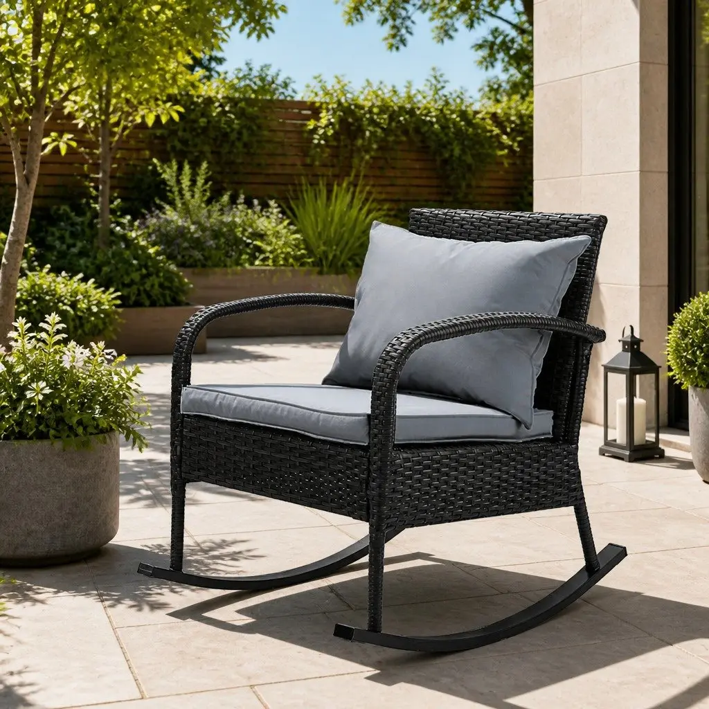 Wicker Rocking Chair Outdoor Lounge Seating Black with Cushions 79cm x 58cm x 78cm