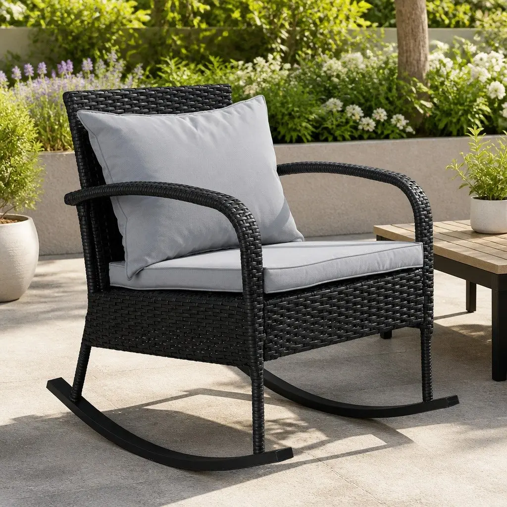 Wicker Rocking Chair Outdoor Lounge Seating Black with Cushions 79cm x 58cm x 78cm