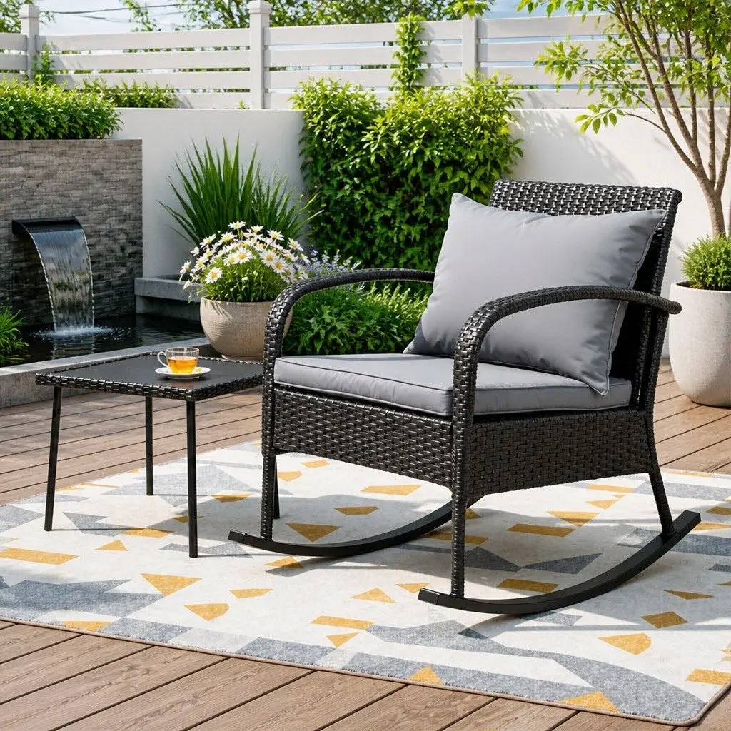 Outdoor Rocking Chair with Side Table Black Wicker Furniture Patio Lounge