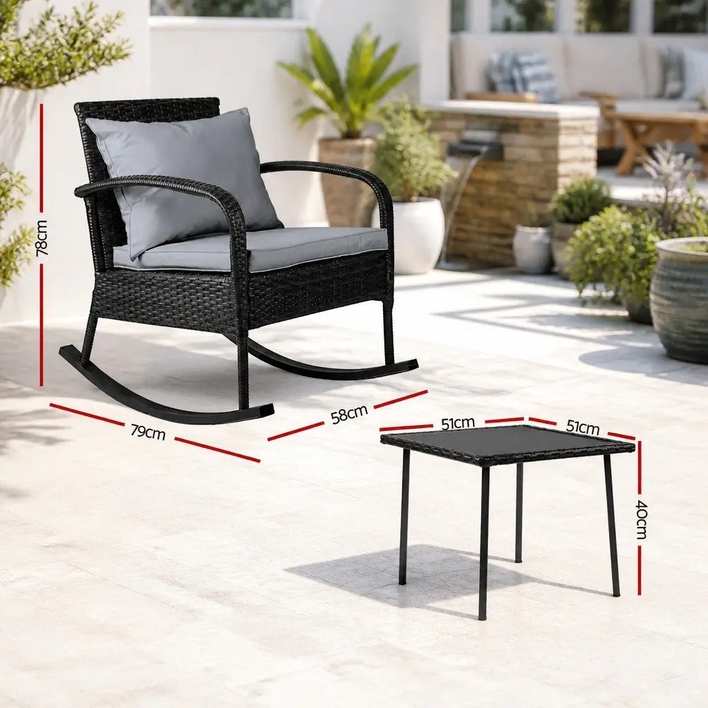 Outdoor Rocking Chair with Side Table Black Wicker Furniture Patio Lounge