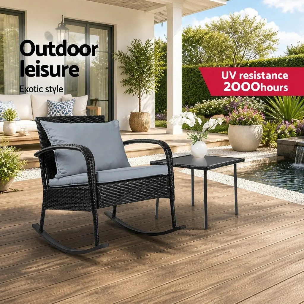 Outdoor Rocking Chair with Side Table Black Wicker Furniture Patio Lounge