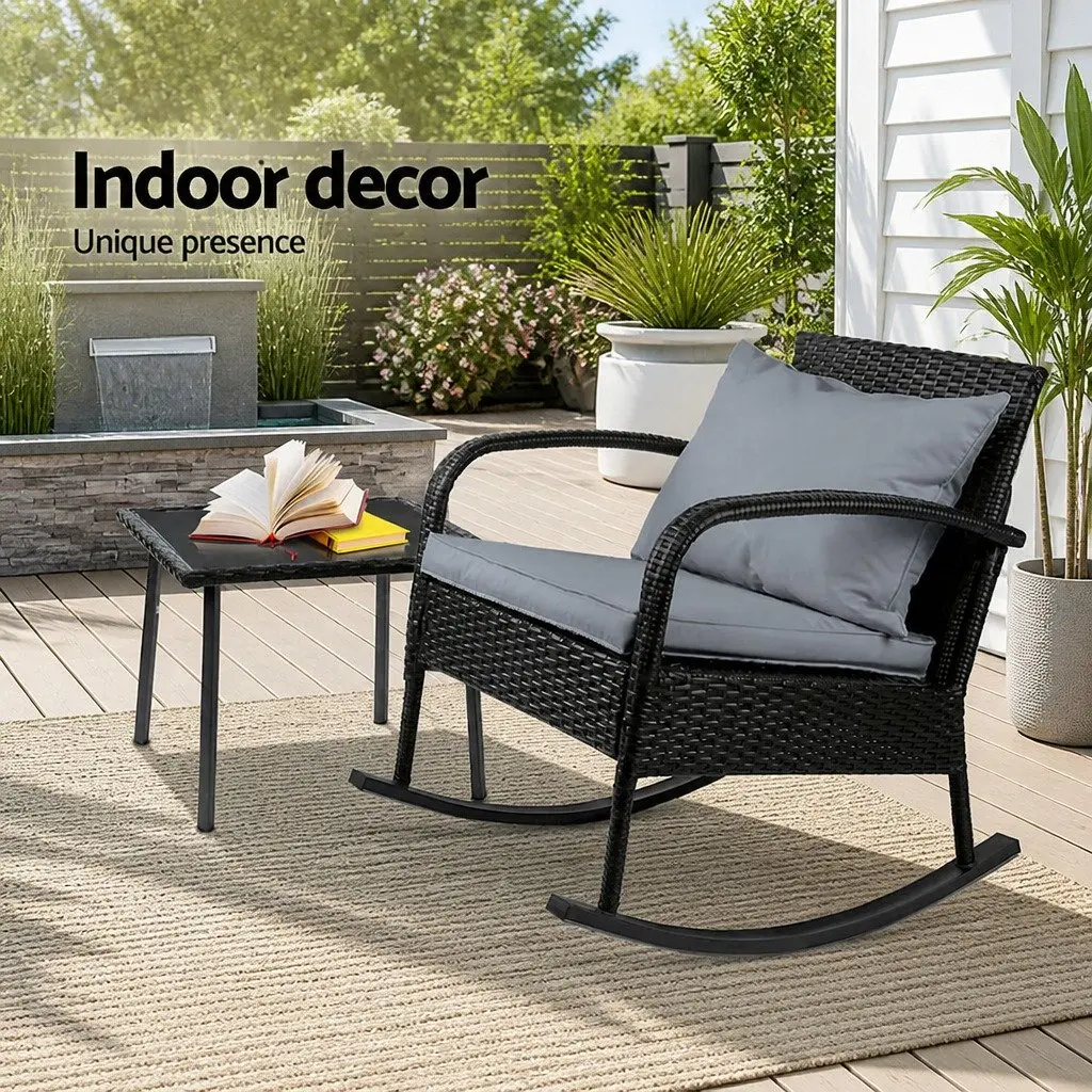 Outdoor Rocking Chair with Side Table Black Wicker Furniture Patio Lounge