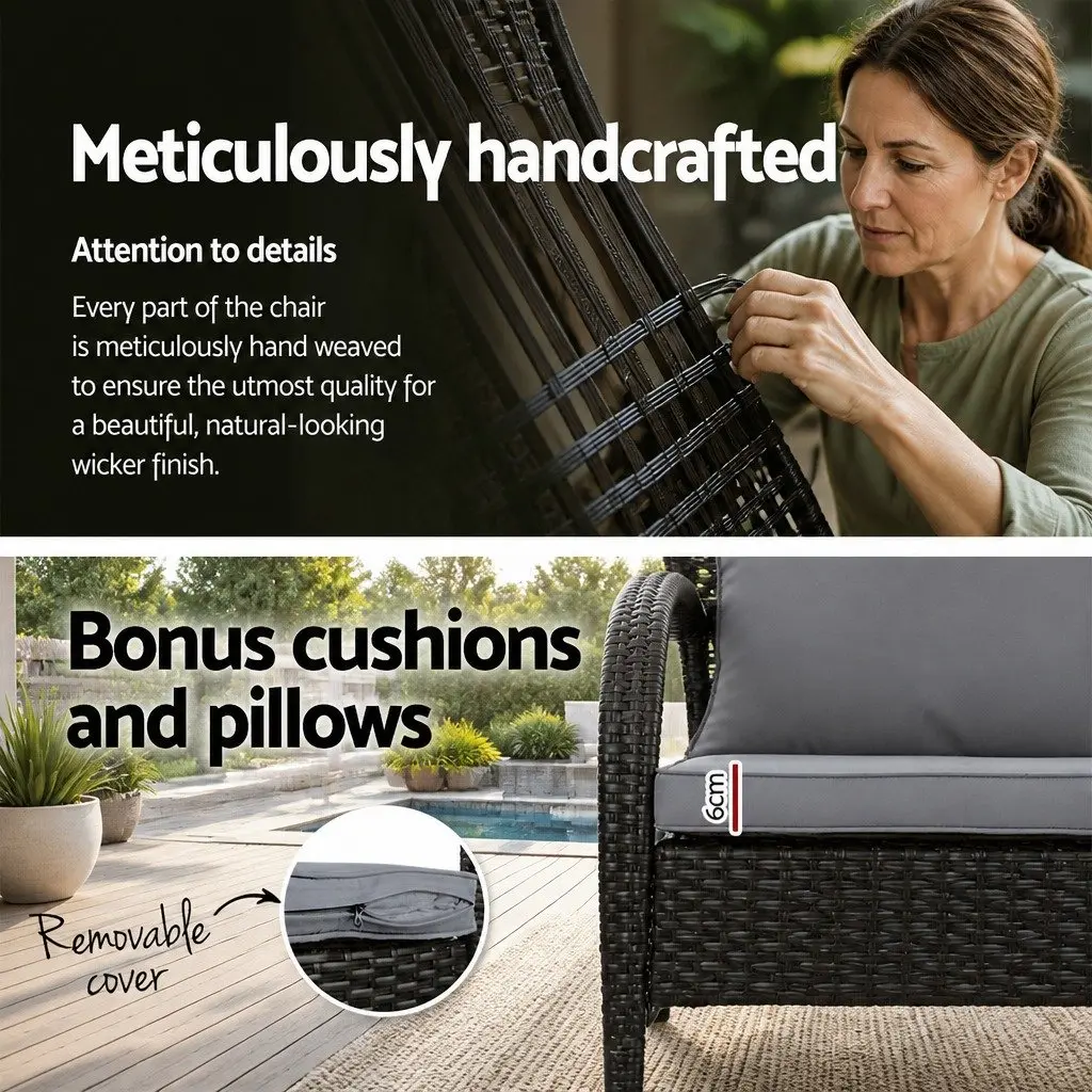 Outdoor Rocking Chair with Side Table Black Wicker Furniture Patio Lounge