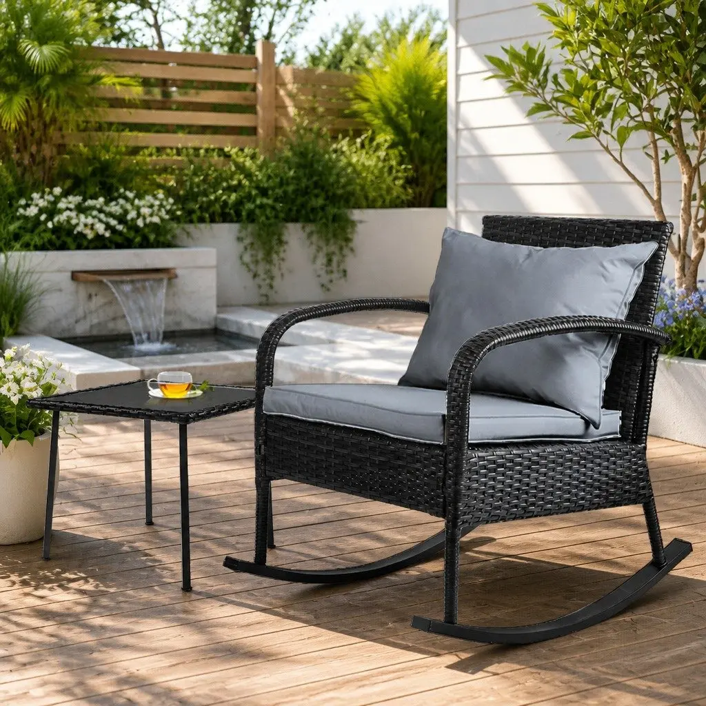 Outdoor Rocking Chair with Side Table Black Wicker Furniture Patio Lounge