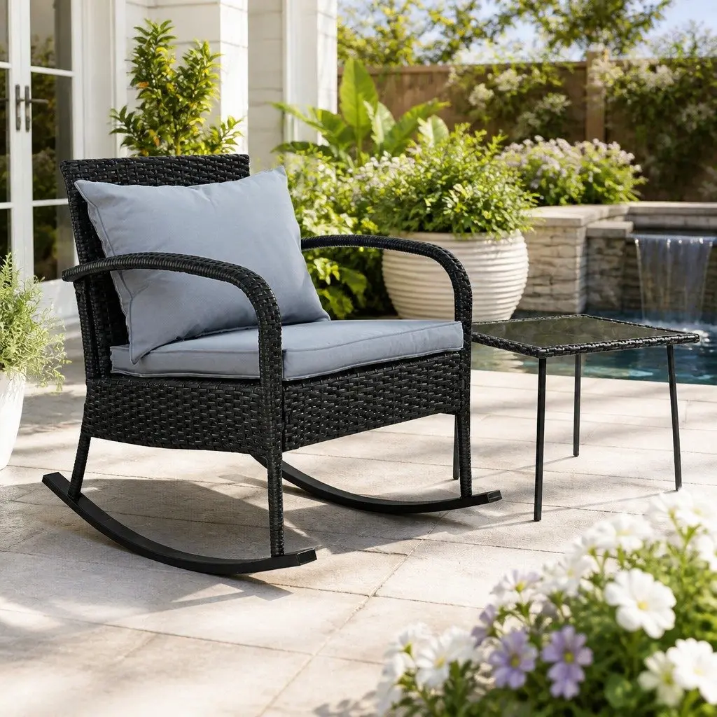 Outdoor Rocking Chair with Side Table Black Wicker Furniture Patio Lounge