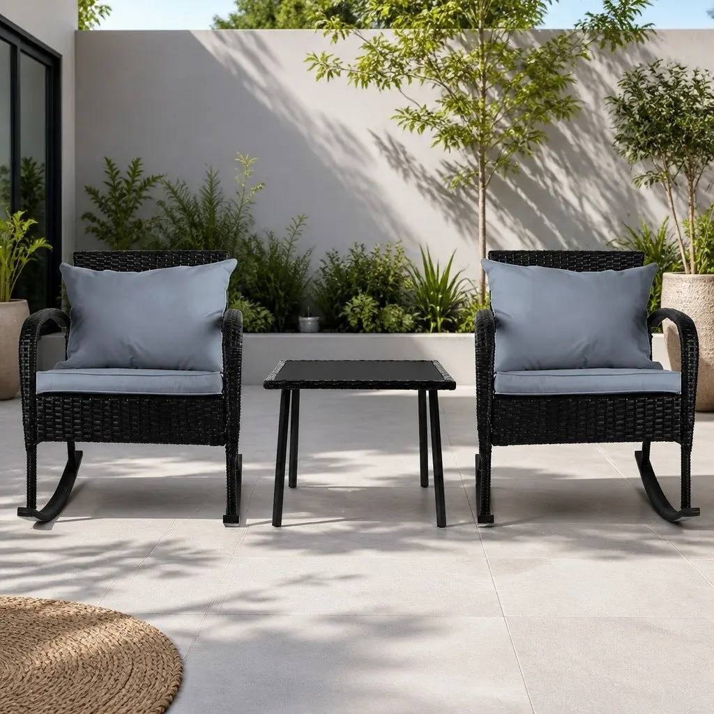 3 Piece Outdoor Rocking Chair Set with Wicker Side Table Black
