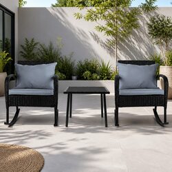 3-Piece Outdoor Rocking Chair Set with Wicker Side Table Patio Bistro Furniture