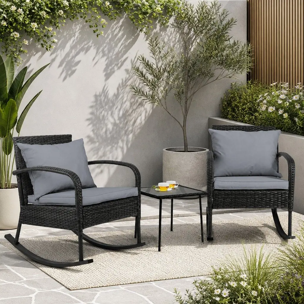 3 Piece Outdoor Rocking Chair Set with Wicker Side Table Black