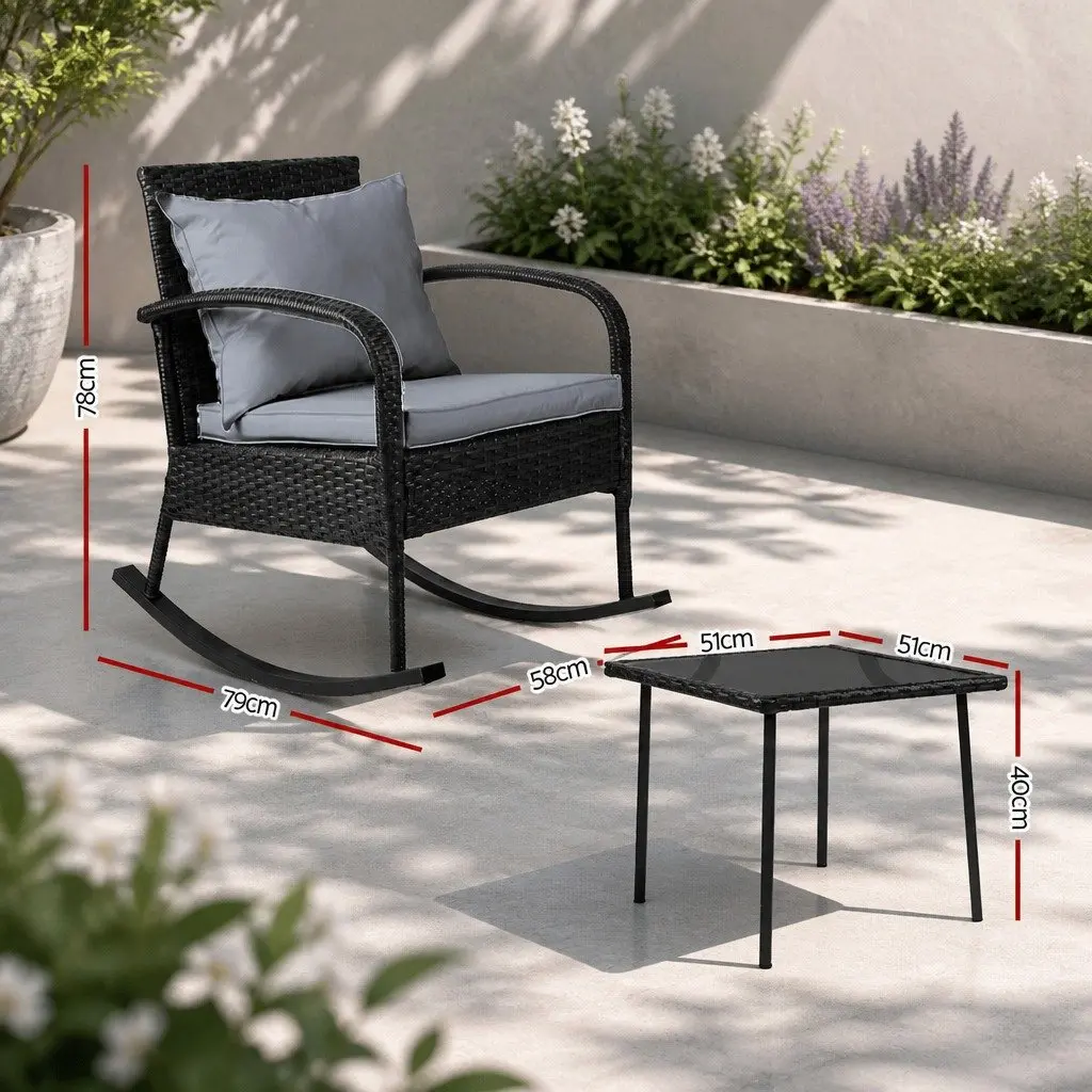 3 Piece Outdoor Rocking Chair Set with Wicker Side Table Black