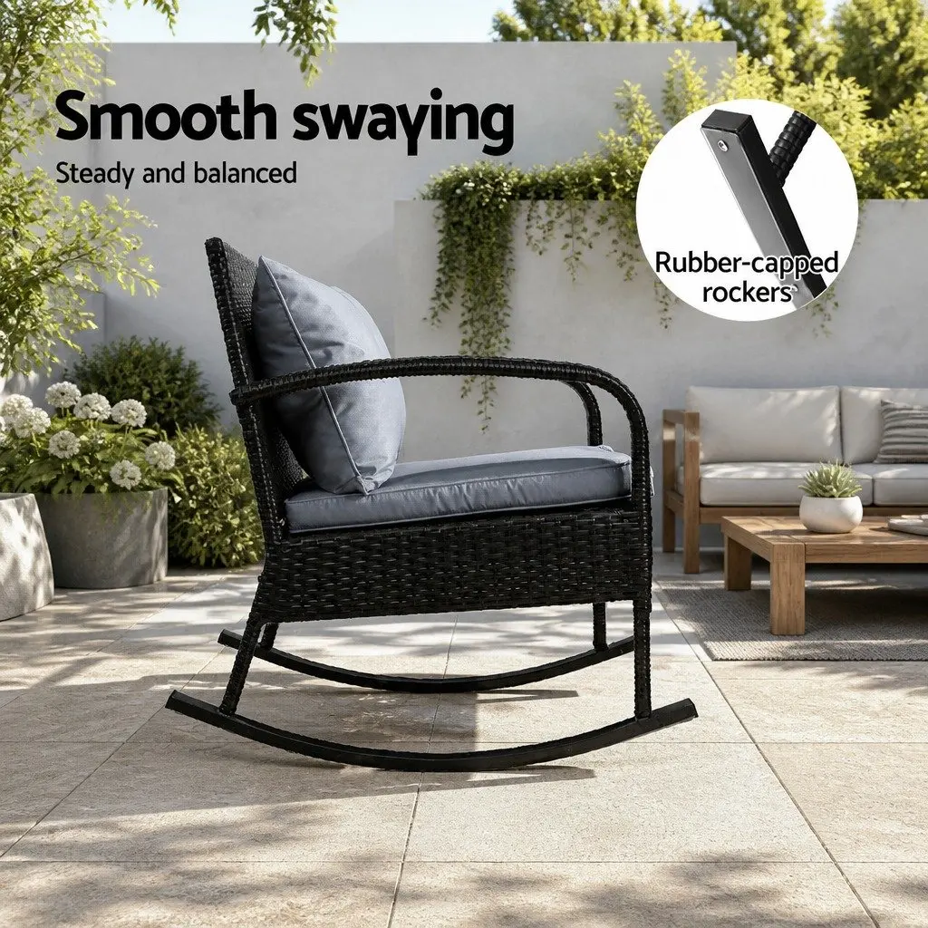 3 Piece Outdoor Rocking Chair Set with Wicker Side Table Black