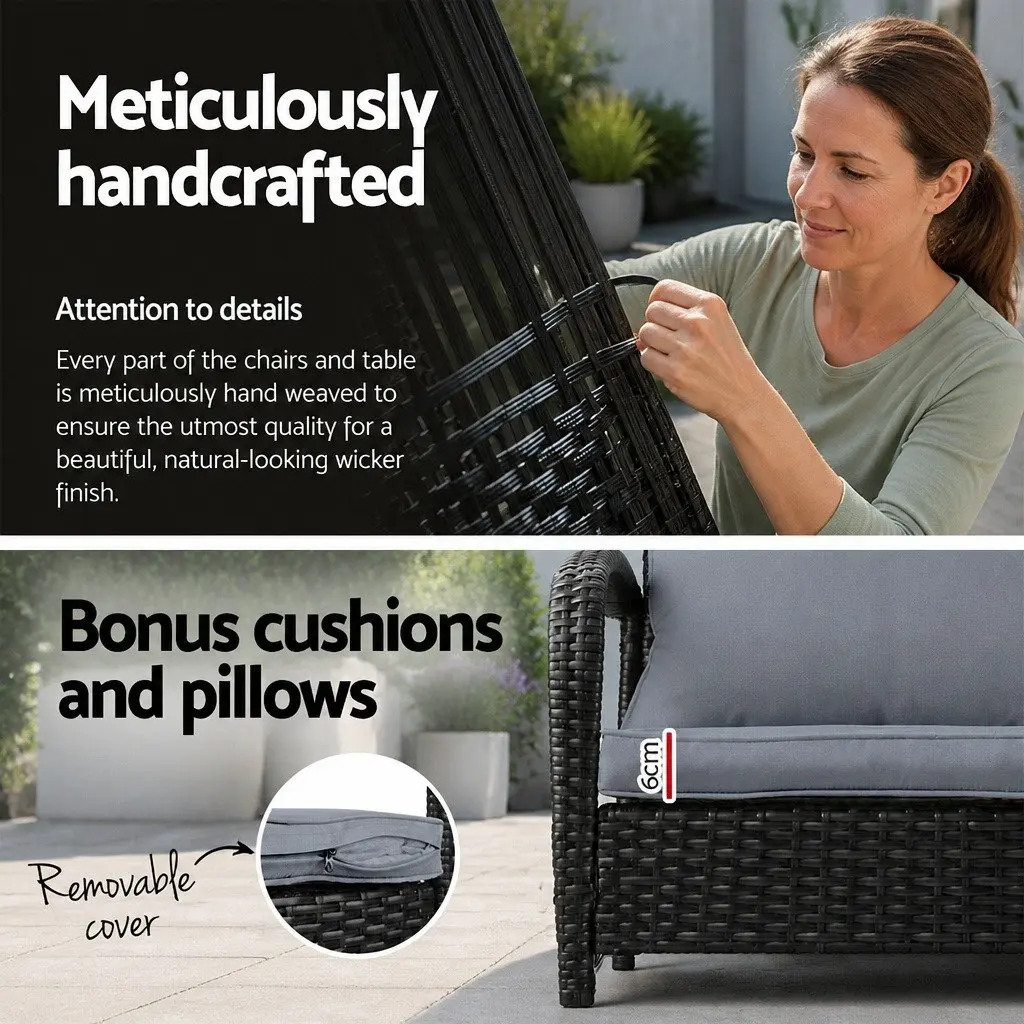 3 Piece Outdoor Rocking Chair Set with Wicker Side Table Black