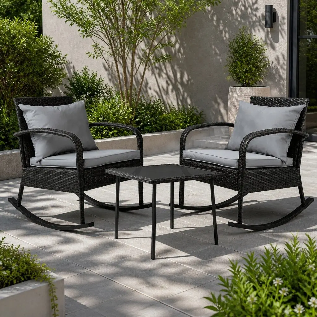 3 Piece Outdoor Rocking Chair Set with Wicker Side Table Black
