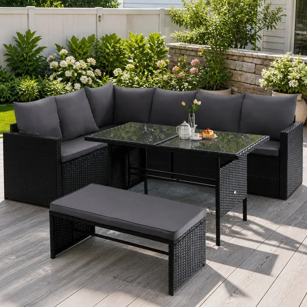 Outdoor Dining Set 9 Seater Sofa Lounge Setting with Table Bench Black Wicker