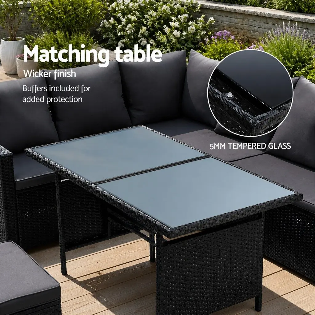 Outdoor Dining Set 9 Seater Sofa Lounge Setting with Table Bench Black Wicker