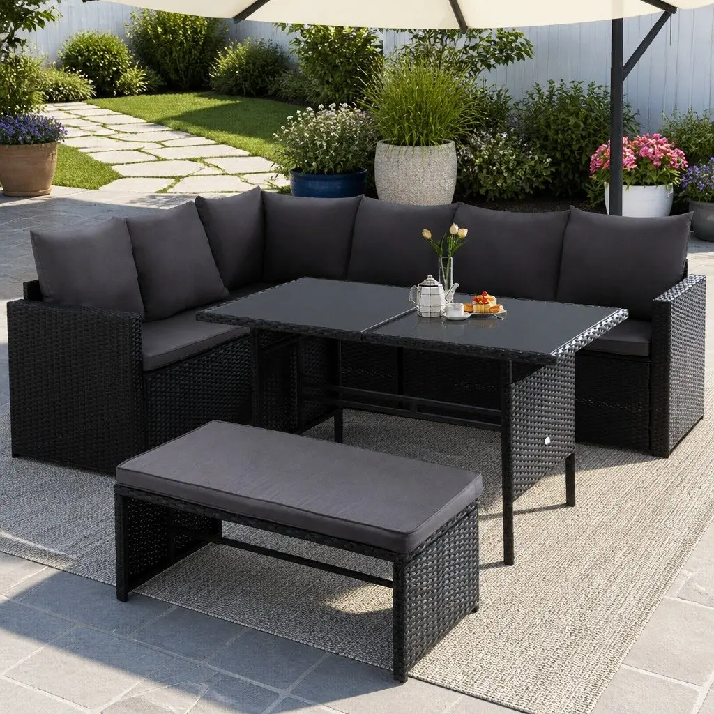 Outdoor Sofa Dining Set 8 Seater Wicker Lounge with Table Black Garden Furniture