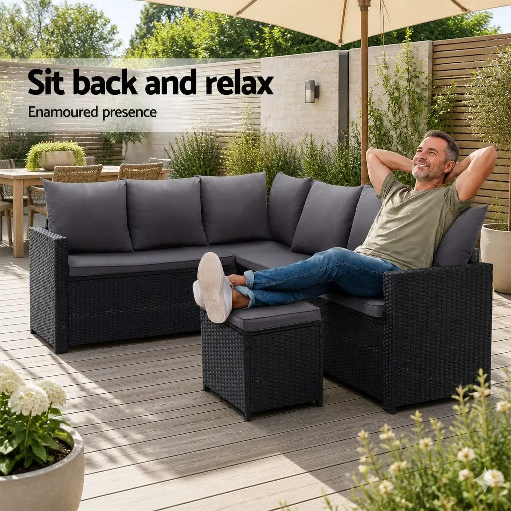 Outdoor Sofa Dining Set Modular 9-Piece Lounge Chairs Table Ottoman Black