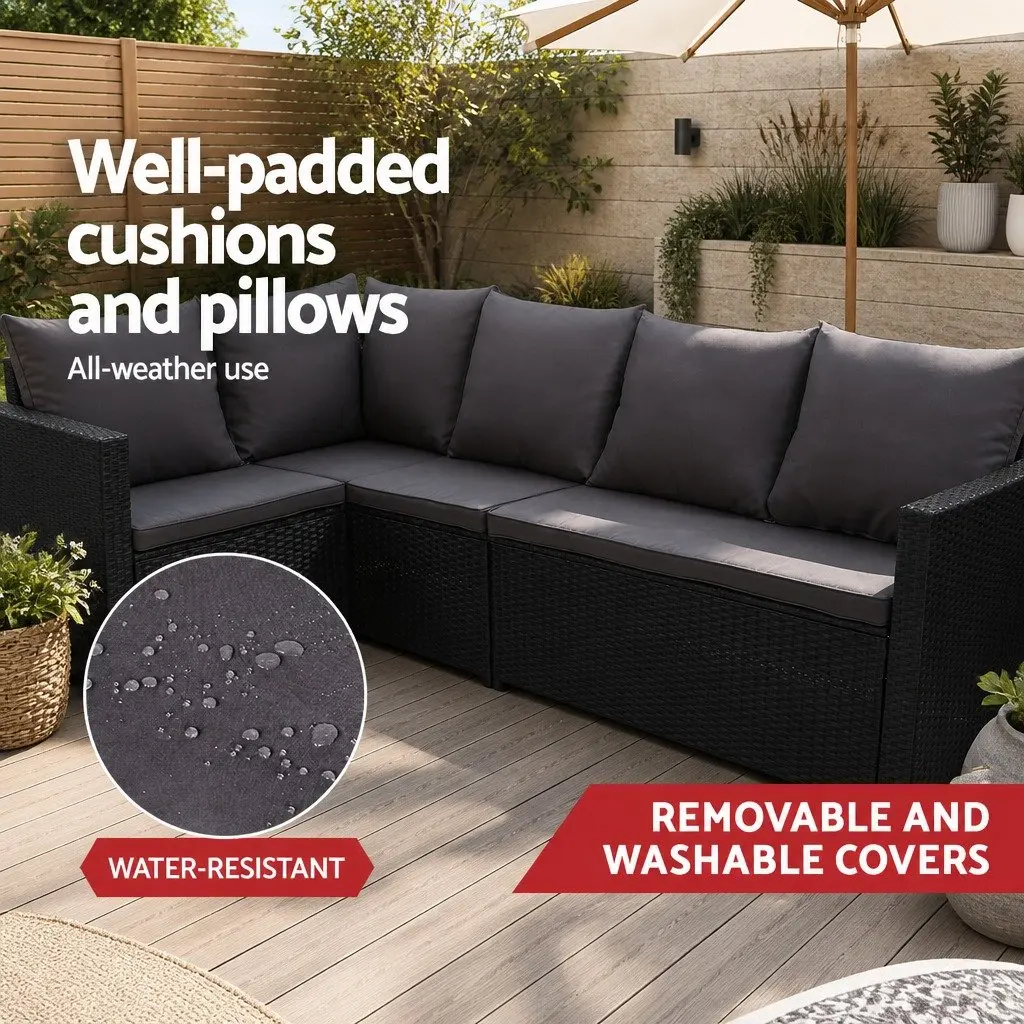 Outdoor Sofa Dining Set Modular 9-Piece Lounge Chairs Table Ottoman Black