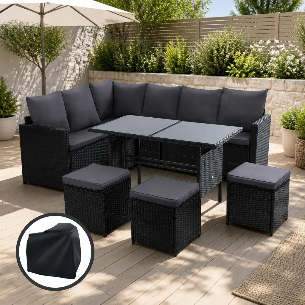 Outdoor Sofa Dining Set Modular 9-Piece Lounge Chairs Table Ottoman Black