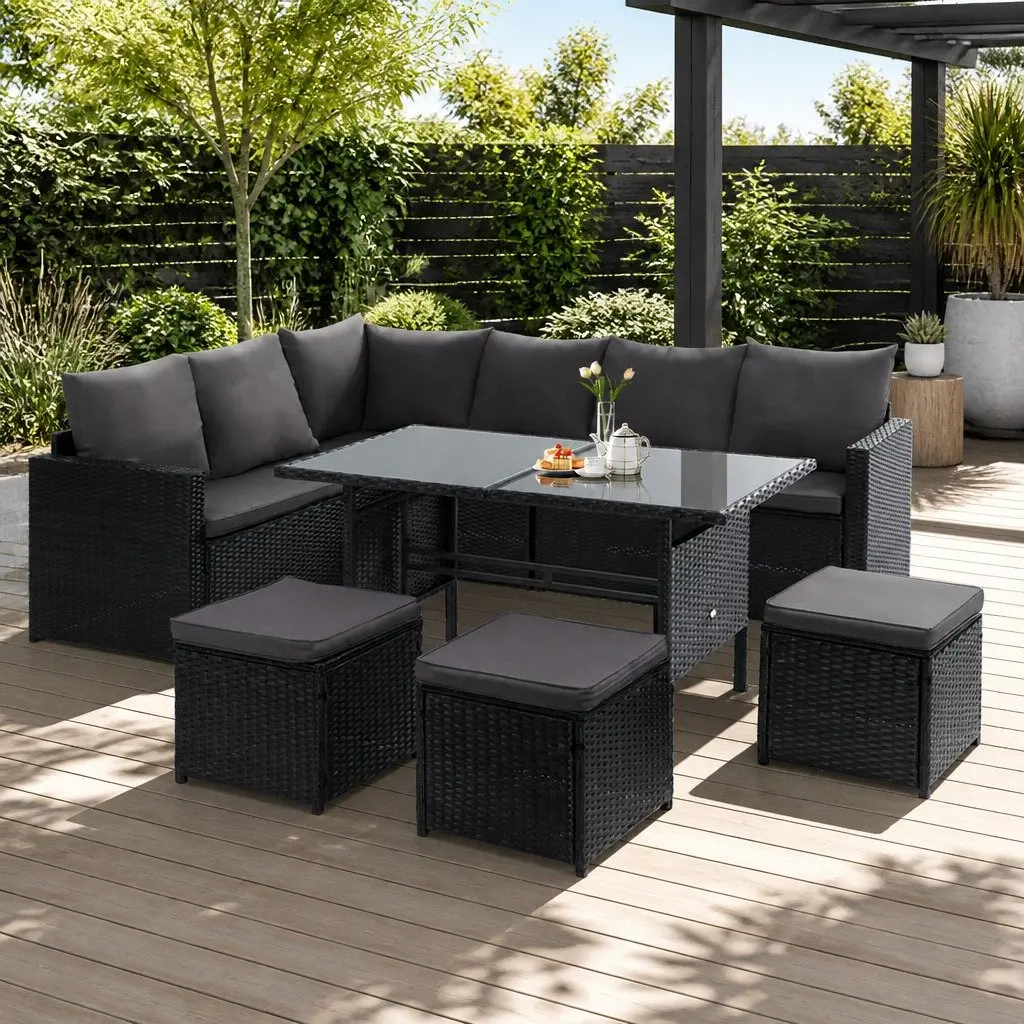 Wicker Sofa Set 9 Seater with Table Black Outdoor Lounge Dining Arrangement