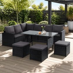 Outdoor Lounge Dining Setting 9 Seater Wicker Sofa Set with Table Black