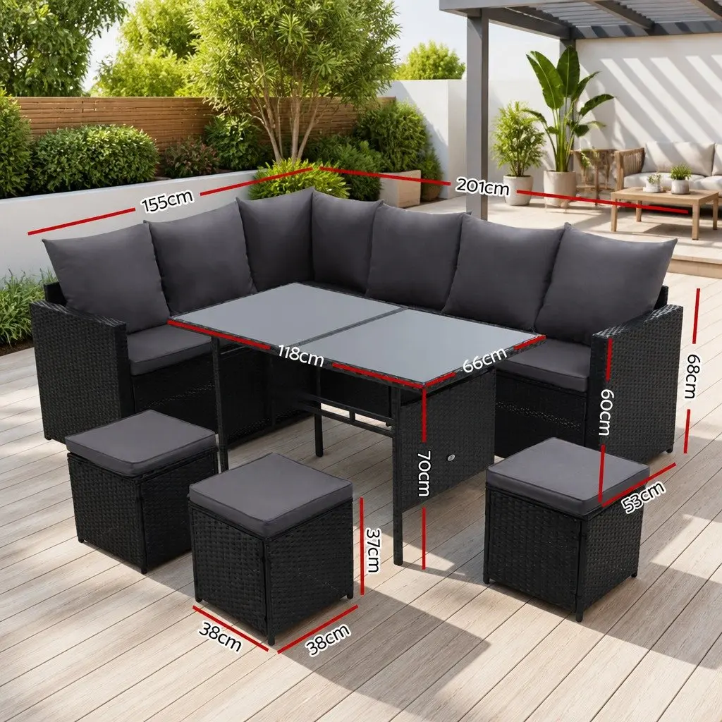 Wicker Sofa Set 9 Seater with Table Black Outdoor Lounge Dining Arrangement