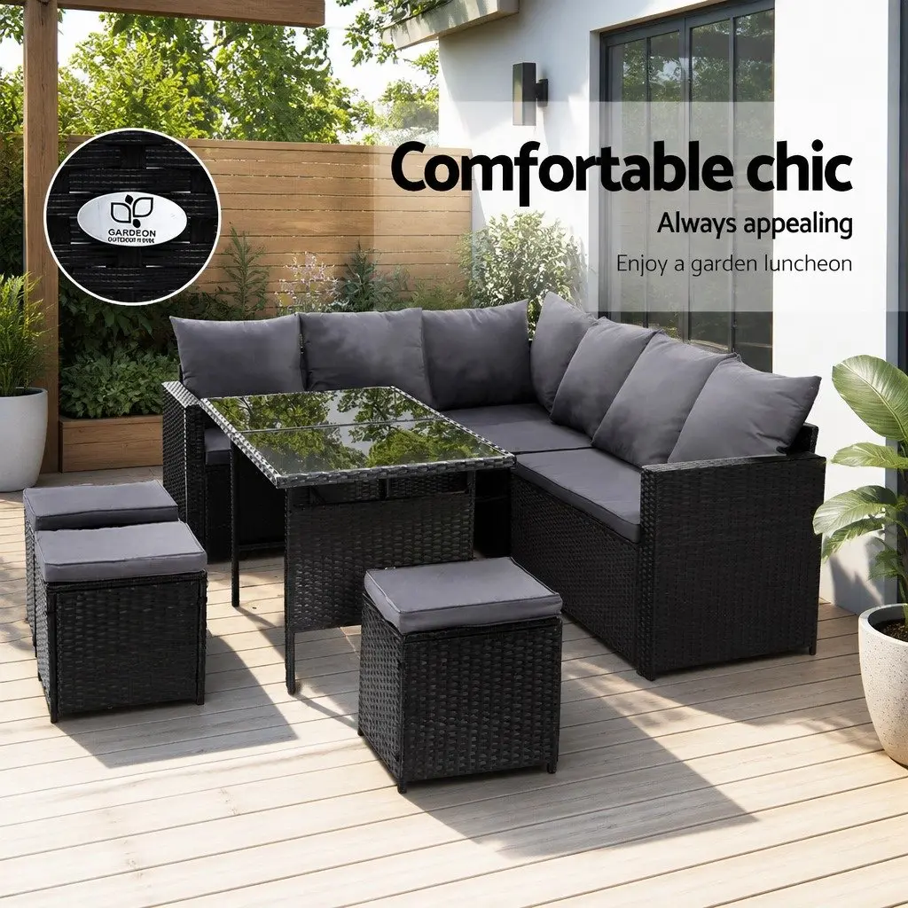 Wicker Sofa Set 9 Seater with Table Black Outdoor Lounge Dining Arrangement