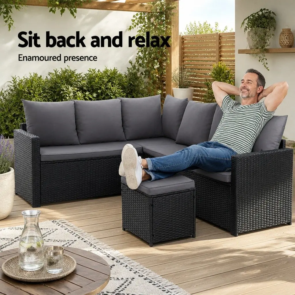 Wicker Sofa Set 9 Seater with Table Black Outdoor Lounge Dining Arrangement
