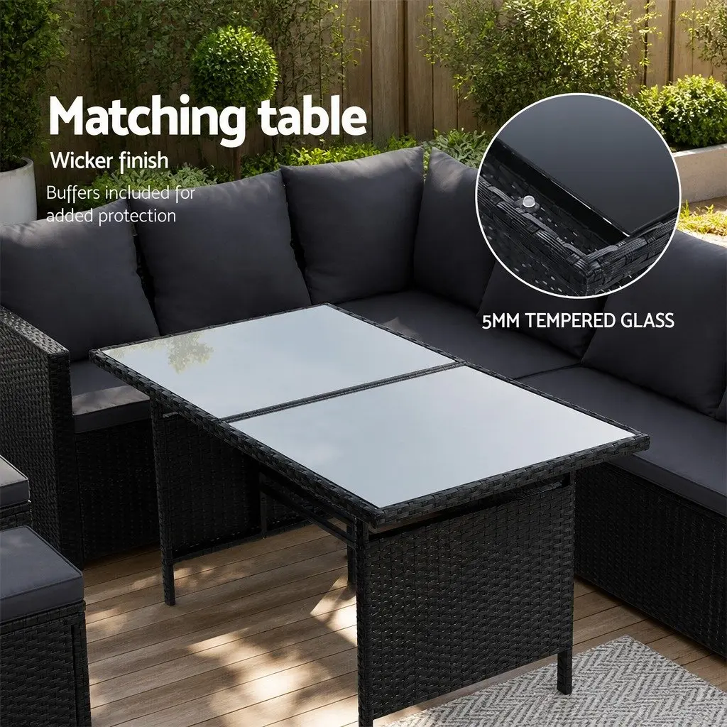 Wicker Sofa Set 9 Seater with Table Black Outdoor Lounge Dining Arrangement