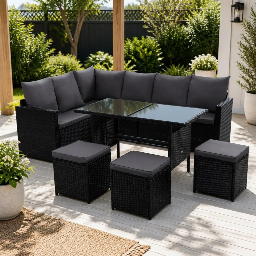 Wicker Sofa Set 9 Seater with Table Black Outdoor Lounge Dining Arrangement