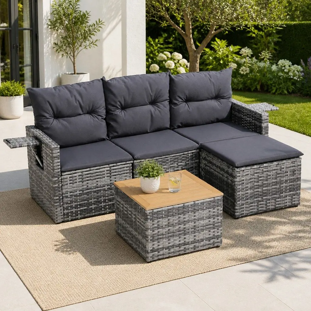 Outdoor Sofa Set 5 Pieces 4-Seater Grey Rattan Patio Lounge Furniture with