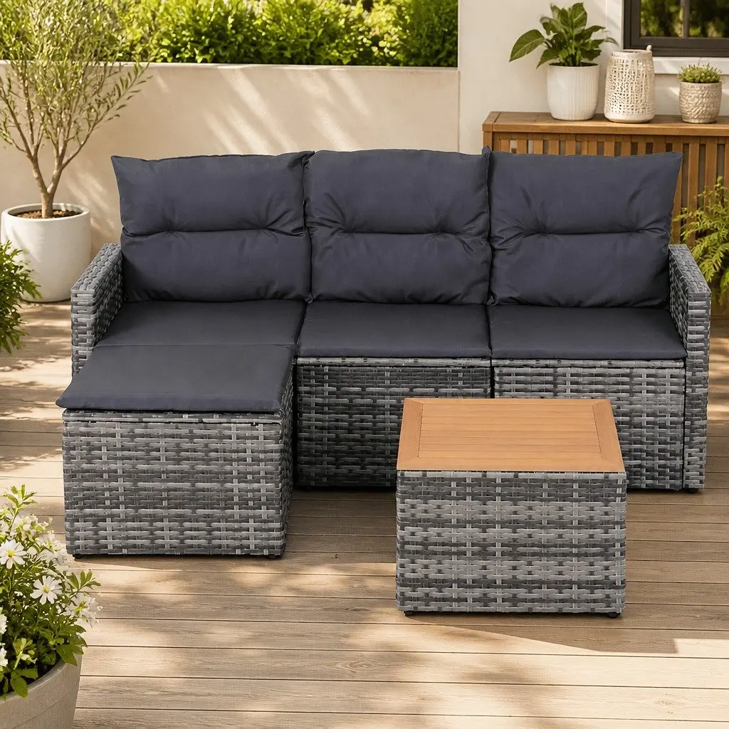 Outdoor Sofa Set 5 Pieces 4-Seater Grey Rattan Patio Lounge Furniture with