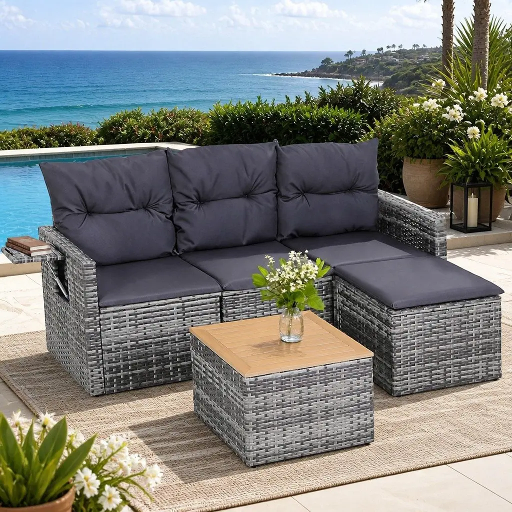 Outdoor Sofa Set 5 Pieces 4-Seater Grey Rattan Patio Lounge Furniture with