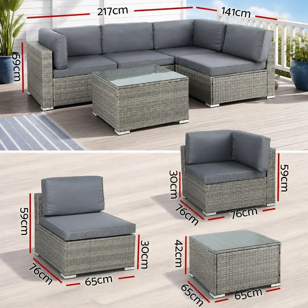 5-Piece Outdoor Wicker Sofa Set Grey 4 Seater Lounge Couch with Glass Top Table