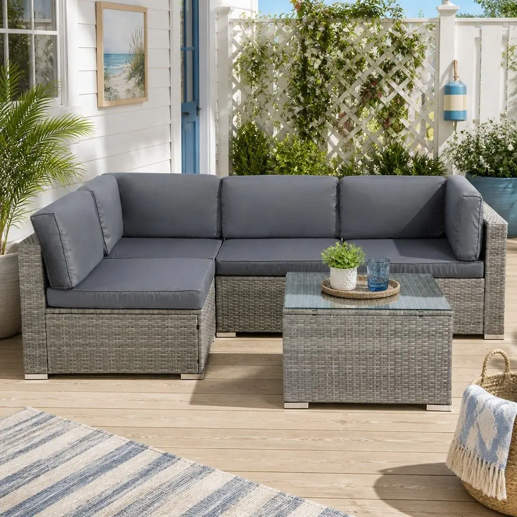 5-Piece Outdoor Wicker Sofa Set Grey 4 Seater Lounge Couch with Glass Top Table