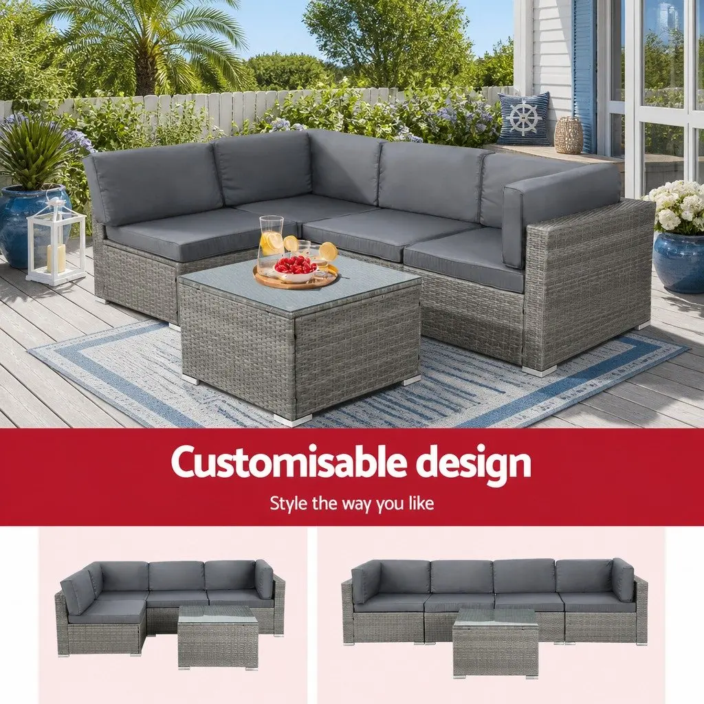 5-Piece Outdoor Wicker Sofa Set Grey 4 Seater Lounge Couch with Glass Top Table
